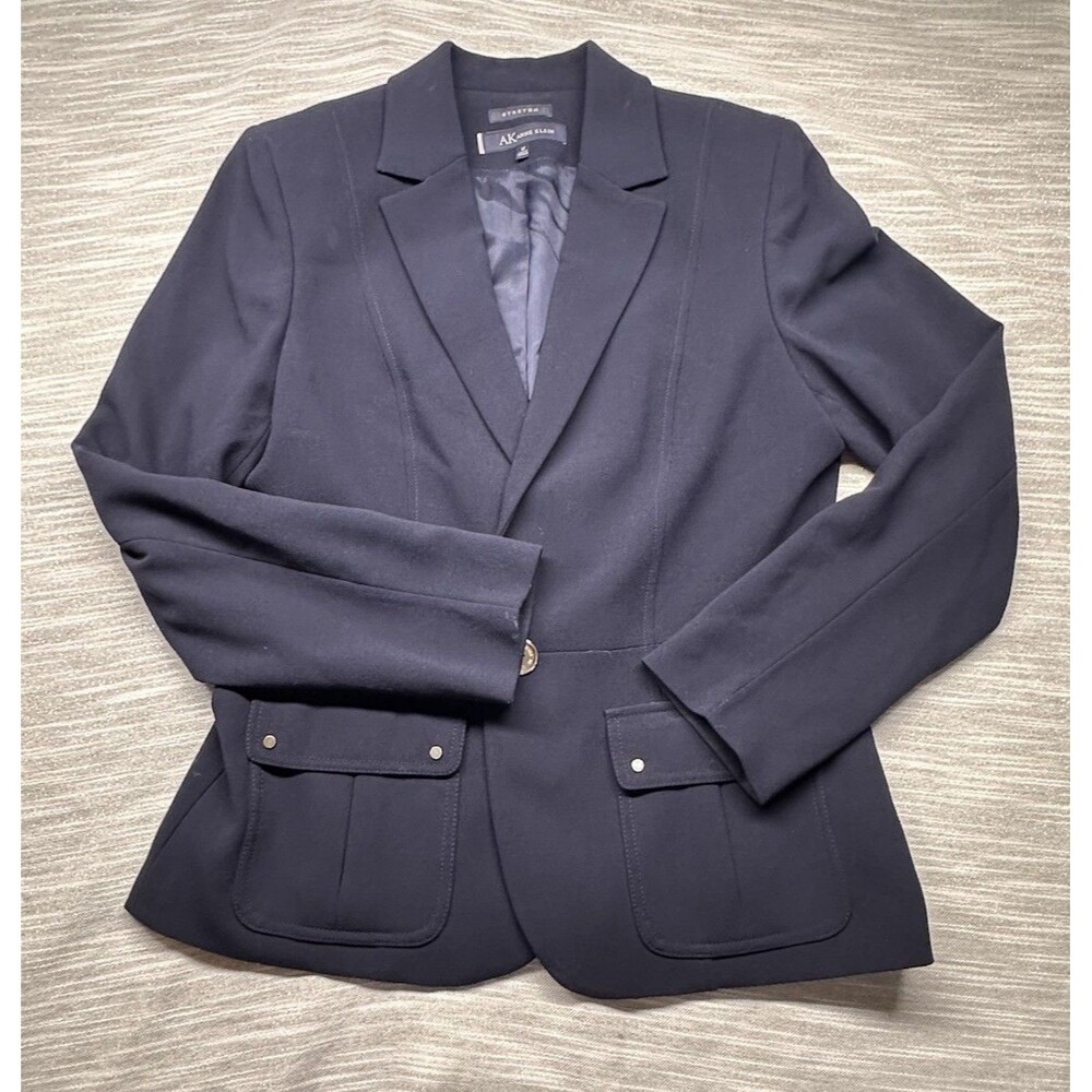 AK Anne Klein Stretch Blazer Women's Sz 12 Navy Blue 1 Button Suit Jacket